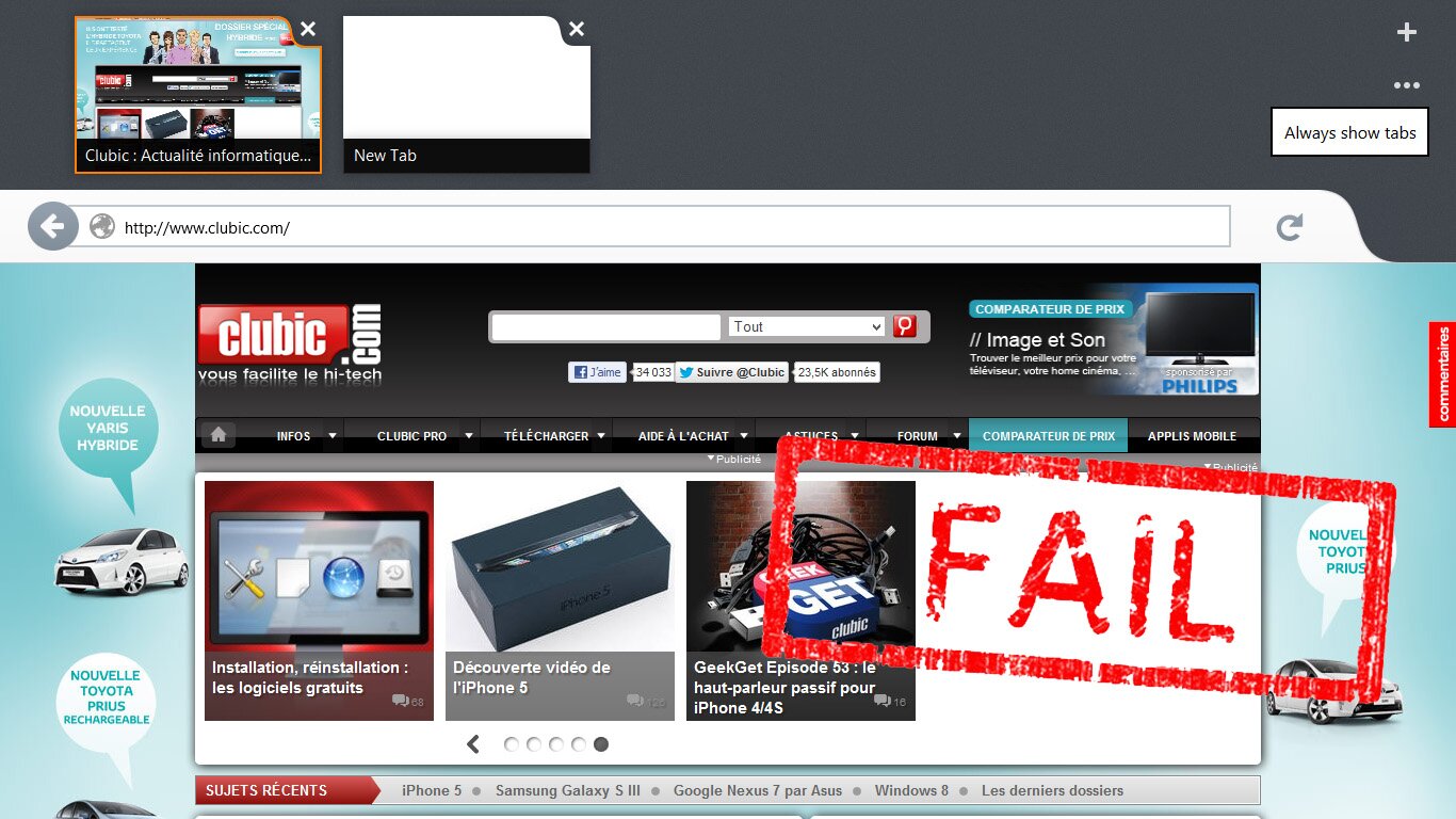 Representa el mal funcionamiento de Firefox en Modern UI (Metro)