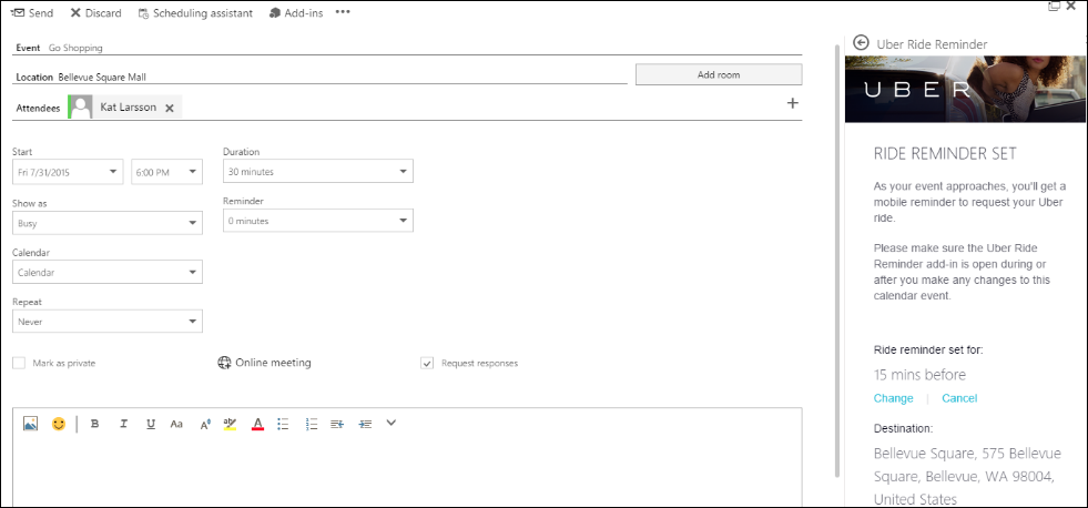 Captura de Outlook con el Add-in de Uber
