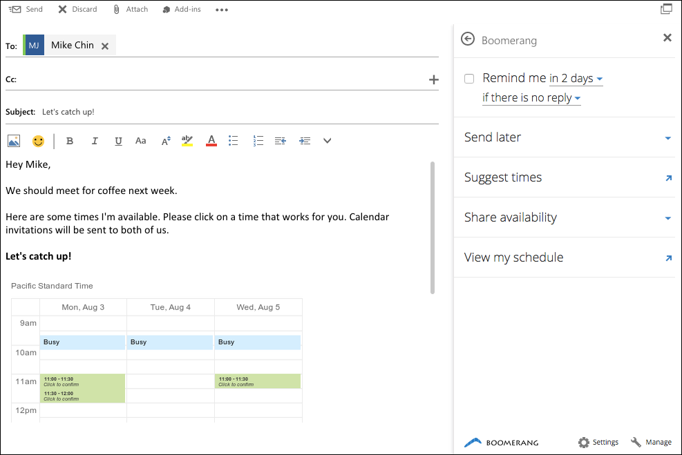 Captura de Outlook con el Add-in de Boomerang