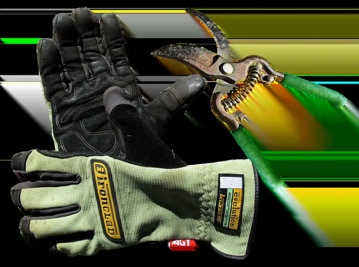 Close-up of an anonymous pair of gloved hands gripping the unbranded trimmer handle, blade guard nearby and a pile of trimmed clippings on grass