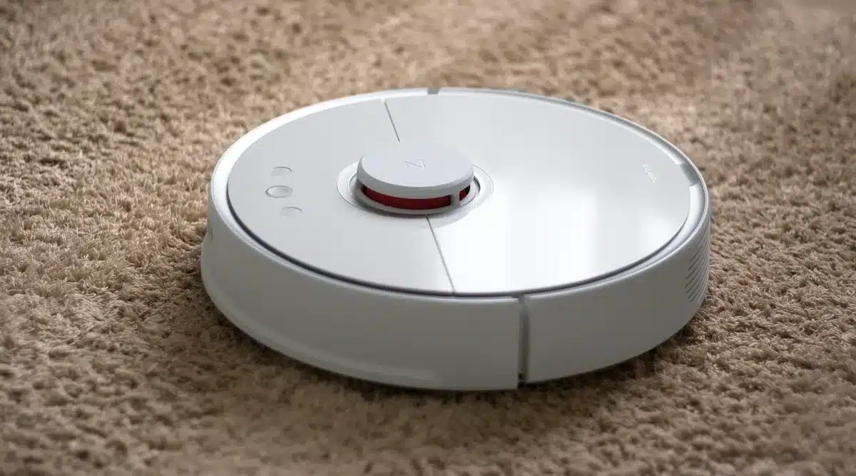 A compact, anonymous robot vacuum paused on a plain wooden floor near a neutral rug, no brand markings, soft daylight coming from a window