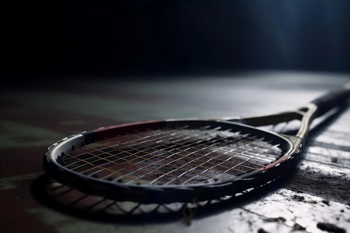 Close-up of an unbranded teardrop-shaped padel racket leaning against a bench in an indoor court, anonymous hands reaching for a ball in the background