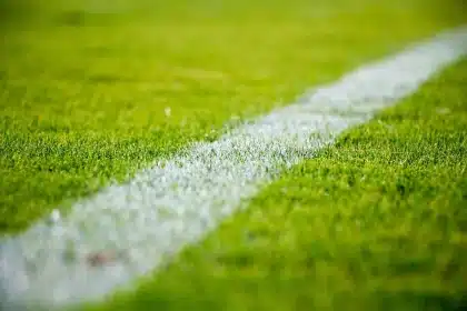 Pasillo de acceso al campo con personal anónimo y vista al estadio iluminado