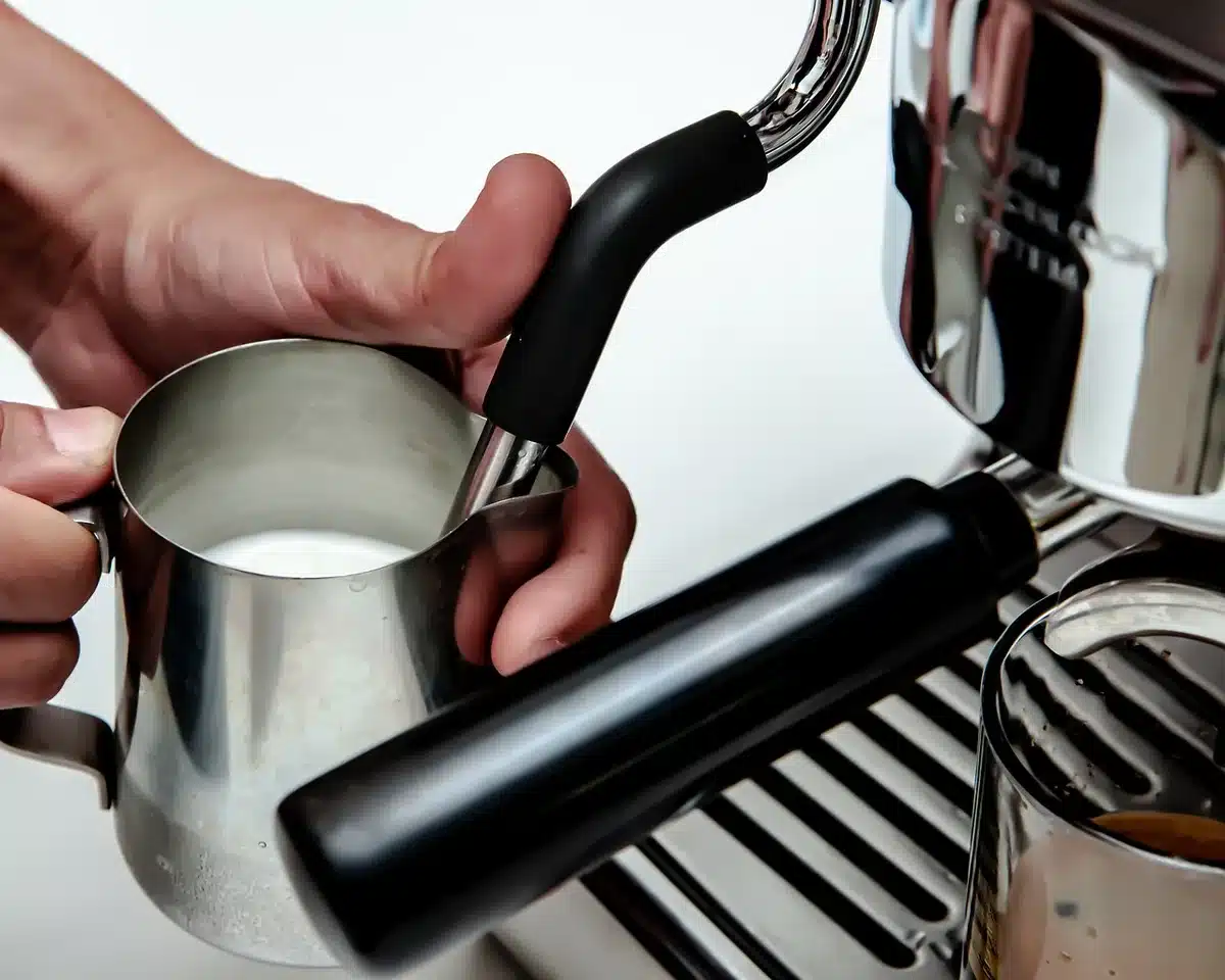empty modern kitchen countertop with an unbranded automatic coffee machine, steam wand visible, no logos or text